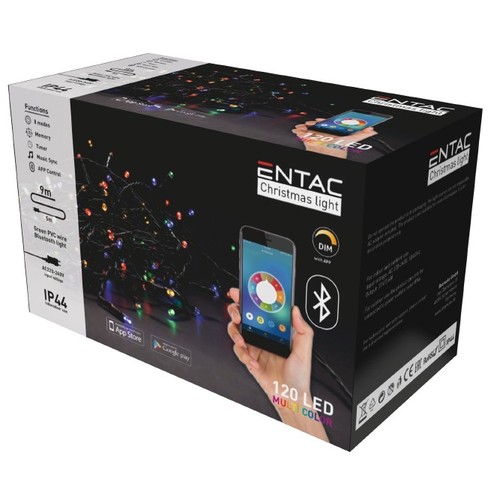 9 m bluetooth multicolor LED kerstlichtsnoer - 120 LED, IP44 buiten, 230V