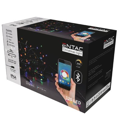 9 m bluetooth multicolor LED kerstlichtsnoer - 120 LED, IP44 buiten, 230V