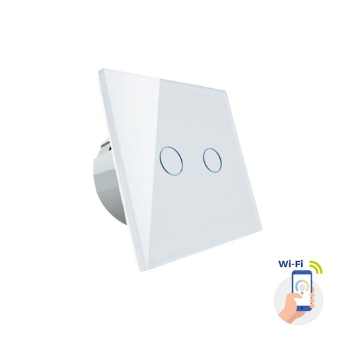 Smart 2-zone WiFi schakelaar - 2x1000W, wit glas, werkt met Google Home/Alexa, IP20 binnenshuis
