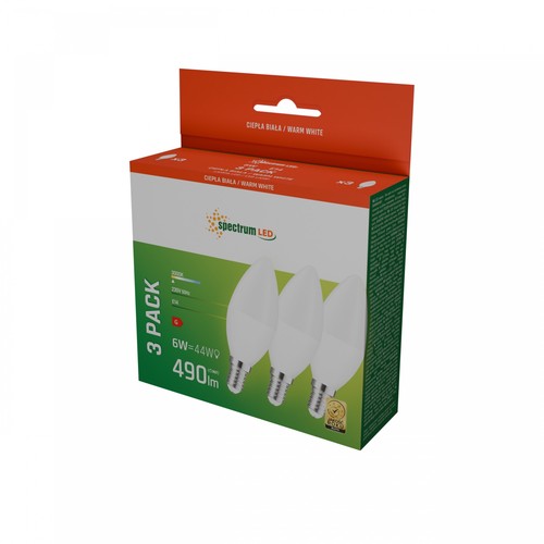 3 stuks E14 6W LED kaarslamp - 3000K, warm wit, 520lm