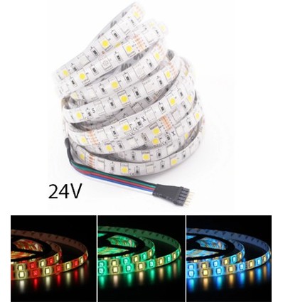 5m 12W/m RGB+CW LED-strip - 24V DC, IP65, 60 LED's per meter
