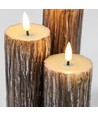 LED Houtlook stompkaarsen 3 stuks set, gesmolten look, vlameffect - Ø5,5cm, 10/12,5/15cm hoog, Incl afstandsbediening, echte was