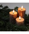 LED Houtlook stompkaarsen 3 stuks set, gesmolten look, vlameffect - Ø5,5cm, 10/12,5/15cm hoog, Incl afstandsbediening, echte was