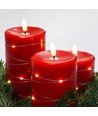 LED Kaarsenset 3 stuks met lichtsnoer, vlameffect - Ø7,5cm, 10/12,5/15cm, incl. afstandsbediening, timer, echte was, Rood