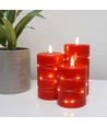 LED Kaarsenset 3 stuks met lichtsnoer, vlameffect - Ø7,5cm, 10/12,5/15cm, incl. afstandsbediening, timer, echte was, Rood