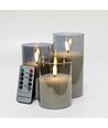LED kaarsen in grijs glas Ø7,5cm, 3 st, vlam-effect