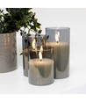 LED kaarsen in grijs glas Ø7,5cm, 3 st, vlam-effect