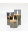 LED Kaarsenset in grijs glas Ø7,5cm, 3 stuks - Incl. afstandsbediening en timer, 10/12,5/15cm, echte was
