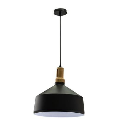 E27 pendellamp in zwart ijzer met houten top - Ø30 cm, Vintage serie, zonder lichtbron