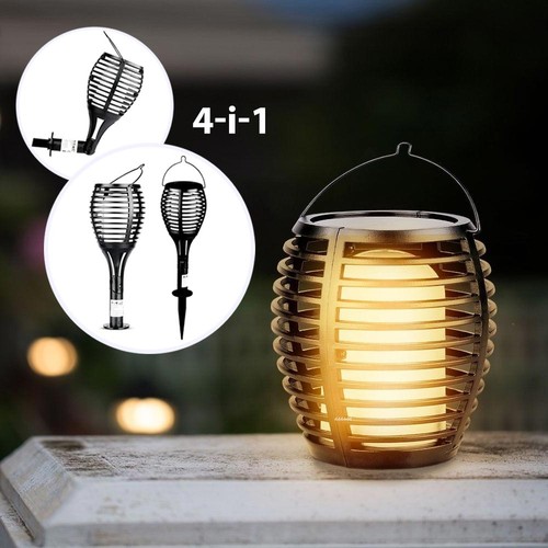 Zonnecel luxe tuinlamp 4-in-1 - Zwart, vlam effect, 65 cm hoog