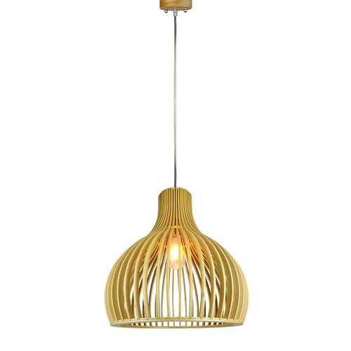 Ø45cm Houten pendellamp - Kegelvormig design, chroom details, E27 fitting, zonder lichtbron