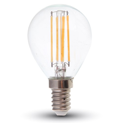 E14 6W LED kogellamp - P45, filament, helder glas, 130lm/W, warm wit, vervangt 60W
