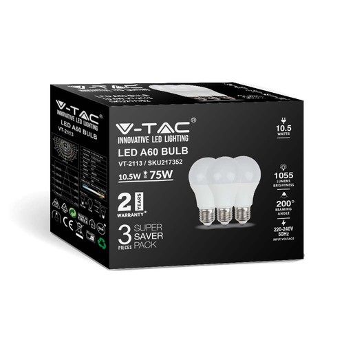 3 st. E27 10,5W LED lamp - A60, mat glas, 4000K, 1055lm, 3-pack
