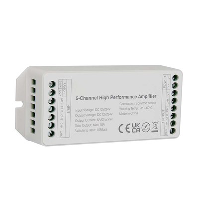 5-kanaals LED versterker voor 12V/24V - 15A, wit, voor RGB+W / RGB / enkelkleurige LED strips