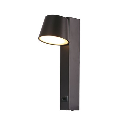 8W LED wandlamp met USB - 3000K, 900lm, IP20, zwart, draaibaar, binnen, incl. lichtbron