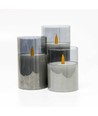 LED Stompkaarsen set in rookglas Ø7,5cm, 3 stuks, vlameffect - Incl. afstandsbediening en timer, 10/12,5/15cm hoog, echte was