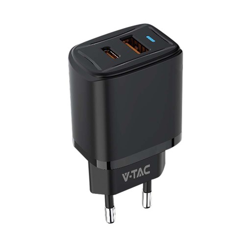 20W USB reisadapter met PD en QC - Zwart, snellader, 1x USB-A en 1x USB-C PD