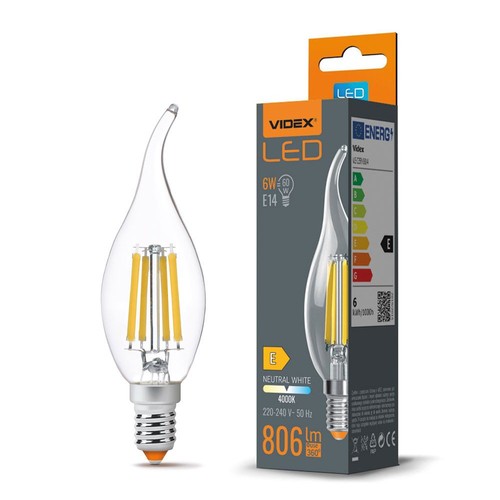 E14 6W LED filament kaarslamp met tip - C35, 806lm, 4000K, flicker free, vervangt 60W