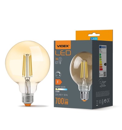 E27 7W dimbare LED lamp - G95, Amber glas, Filament, 2200K, vervangt 53W