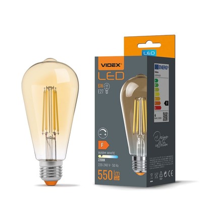 E27 6W dimbare LED lamp - ST64, filament, amber glas, 2200K, flicker free