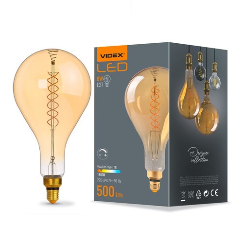 E27 8W dimbare LED lamp - PS160, spiral filament, amber glas, 1800K, 500lm