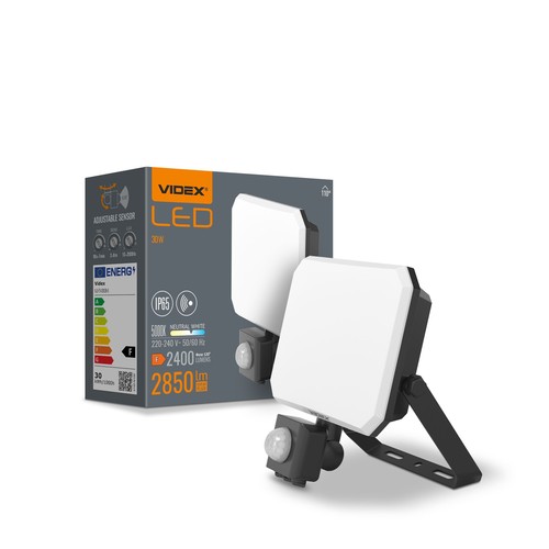 30W LED breedstraler met sensor - 5000K, IP65, zwart, PIR bewegingssensor, buiten