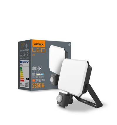 30W LED breedstraler met sensor - 5000K, IP65, zwart, PIR bewegingssensor, buiten