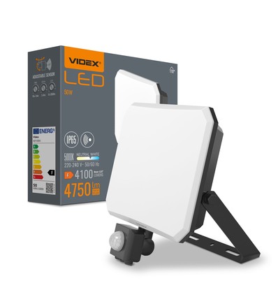 50W LED breedstraler met sensor - 4750lm, IP65, 5000K, zwart, buiten, werklamp