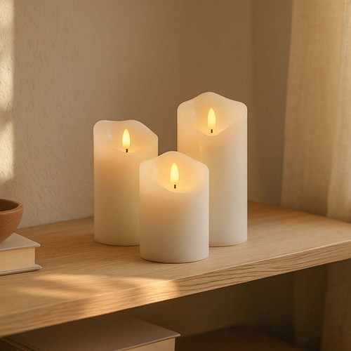 Set van 3 stuks LED Kaarsen 10cm, vlameffect, wit - Ø7,5cm, 10/12,5/15cm, afstandsbediening, timer, echte was