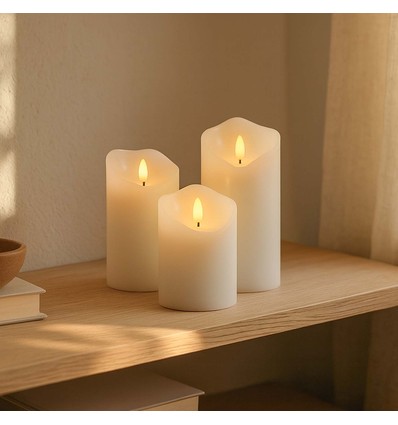 Set van 3 stuks LED Kaarsen 10cm, vlameffect, wit - Ø7,5cm, 10/12,5/15cm, afstandsbediening, timer, echte was