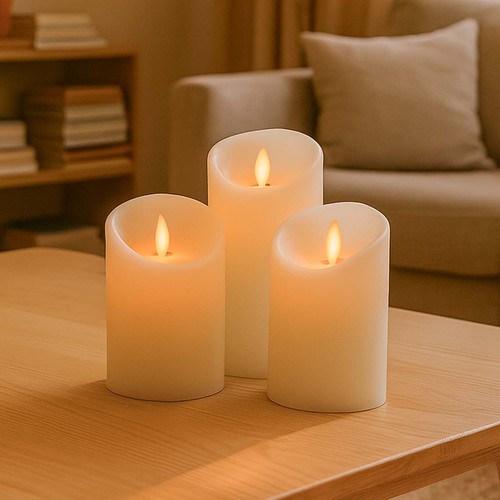 LED Stompkaarsen, 3 stuks, Ø7,5cm, bewegende vlam, wit - Incl. afstandsbediening en timer, 10/15/20cm hoog, echte was