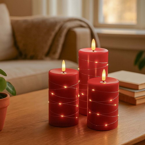 LED Kaarsenset 3 stuks met lichtsnoer, vlameffect - Ø7,5cm, 10/12,5/15cm, incl. afstandsbediening, timer, echte was, Rood