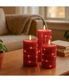 LED Kaarsenset 3 stuks met lichtsnoer, vlameffect - Ø7,5cm, 10/12,5/15cm, incl. afstandsbediening, timer, echte was, Rood