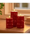 LED Kaarsenset 3 stuks met lichtsnoer, vlameffect - Ø7,5cm, 10/12,5/15cm, incl. afstandsbediening, timer, echte was, Rood