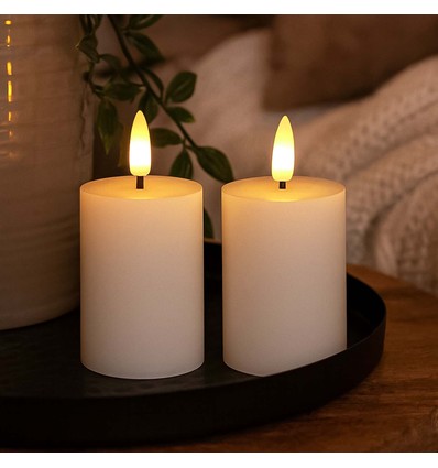 LED Blokkaarsen, 2 stuks, vlam effect, wit - 7,5 cm hoog, Ø5 cm, werkt met afstandsbediening, echte was