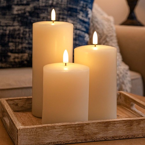 LED Stompkaarsen, 3 stuks, vlameffect, wit - Incl afstandsbediening en timer, 10/12,5/15cm hoog, Ø7,5cm, echte was