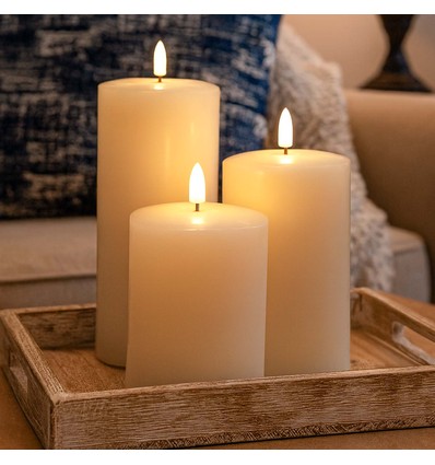 LED Stompkaarsen, 3 stuks, vlameffect, wit - Incl afstandsbediening en timer, 10/12,5/15cm hoog, Ø7,5cm, echte was