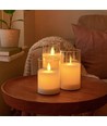 LED Stompkaarsen set in glas Ø7,5cm, 3 stuks, bewegende vlam - Incl. afstandsbediening en timer, 10/12,5/15cm hoog, echte was