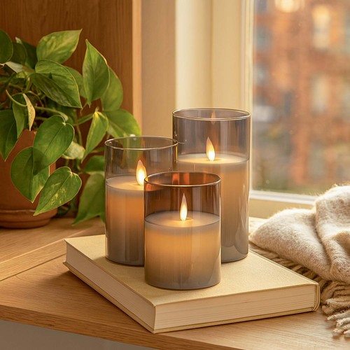 LED Kaarsenset in rookglas Ø7,5cm, 3 stuks - Incl. afstandsbediening en timer, 10/12,5/15cm, echte was