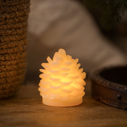 LED Dennenappelkaars, knipperend vlam effect, wit - Hoogte 8cm, Ø6cm, echte was