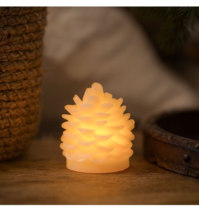 LED Dennenappelkaars, knipperend vlam effect, wit - Hoogte 8cm, Ø6cm, echte was