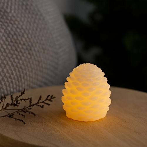 LED Dennenappelkaars, knipperend vlam effect, wit - Hoogte 8cm, Ø6cm, echte was