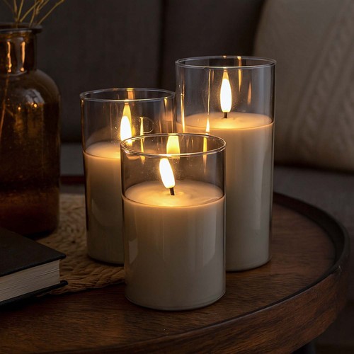 LED Kaarsenset in grijs glas Ø7,5cm, 3 stuks - Incl. afstandsbediening en timer, 10/12,5/15cm, echte was