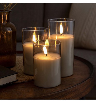 LED Kaarsenset in grijs glas Ø7,5cm, 3 stuks - Incl. afstandsbediening en timer, 10/12,5/15cm, echte was