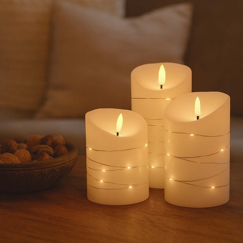 LED stompkaarsen set van 3 met lichtsnoer, vlameffect - Ø7,5cm, 10/12,5/15cm, afstandsbediening, timer, echte was