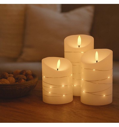 LED stompkaarsen set van 3 met lichtsnoer, vlameffect - Ø7,5cm, 10/12,5/15cm, afstandsbediening, timer, echte was
