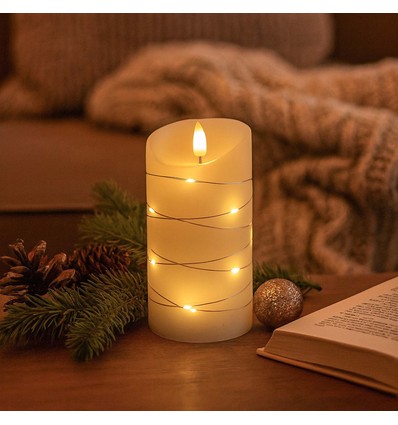 LED Kaars met lichtsnoer, 15cm, vlameffect - Ø7,5cm, afstandsbediening, echte was