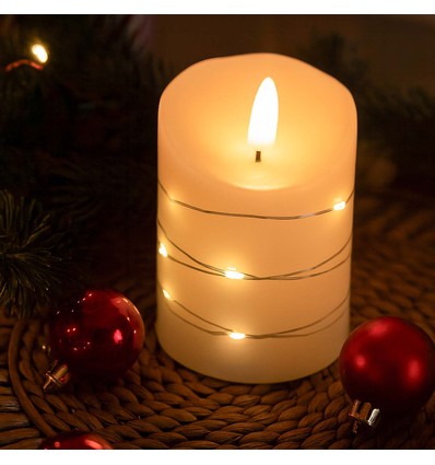 LED Kaars met lichtsnoer, 10cm, vlameffect - Ø7,5cm, afstandsbediening, echte was