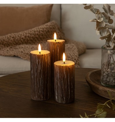 LED Houtlook stompkaarsen 3 stuks set, gesmolten look, vlameffect - Ø5,5cm, 10/12,5/15cm hoog, Incl afstandsbediening, echte was