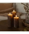 LED Houtlook stompkaarsen 3 stuks set, gesmolten look, vlameffect - Ø5,5cm, 10/12,5/15cm hoog, Incl afstandsbediening, echte was